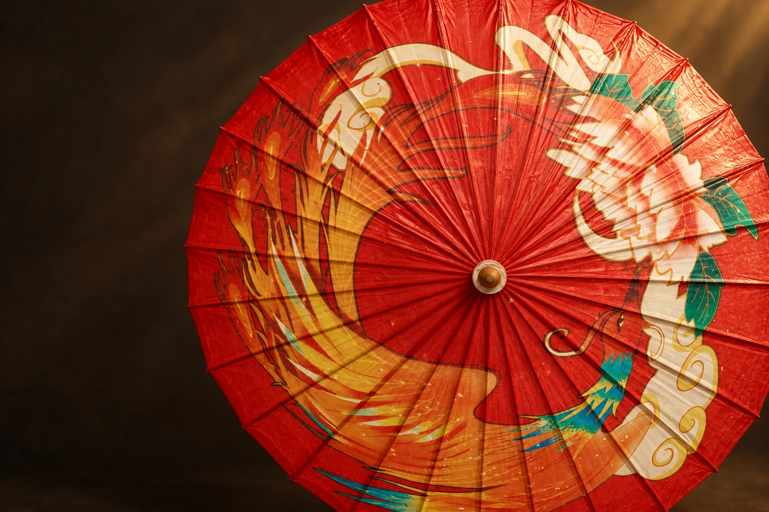 The red Phoenix and Peony design from the SHENGHE catalogue, shown in a warm editorial image.