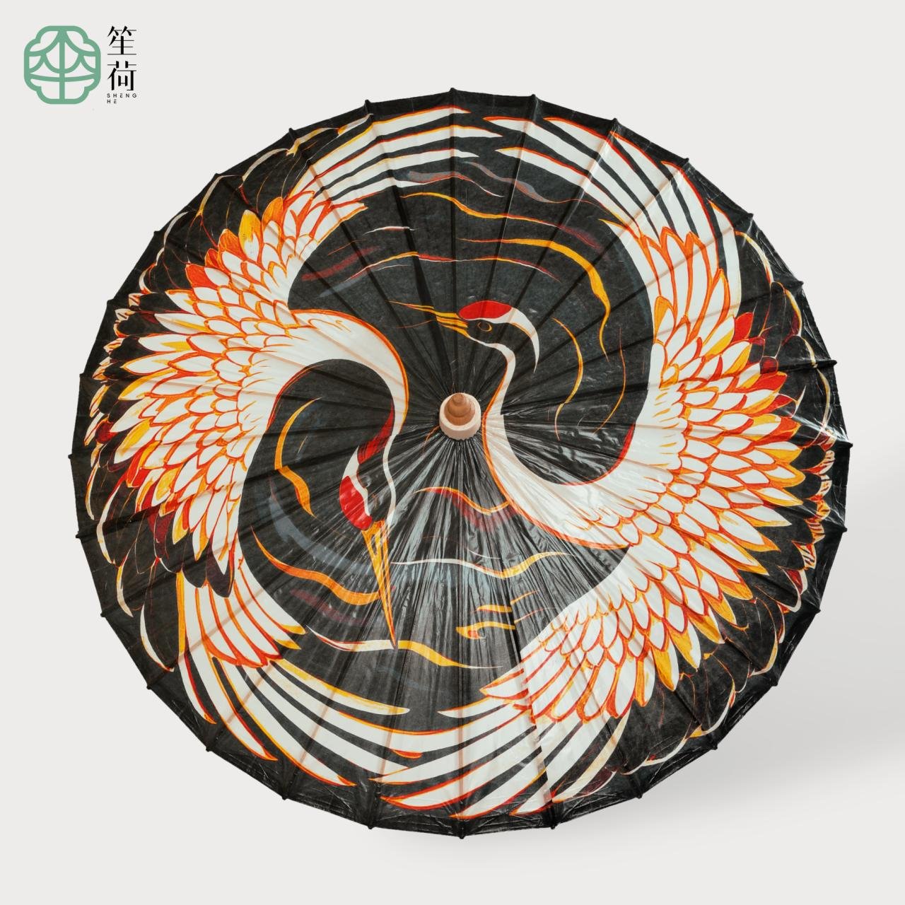 SHENGHE black oil-paper umbrella with white cranes and orange-gold linework