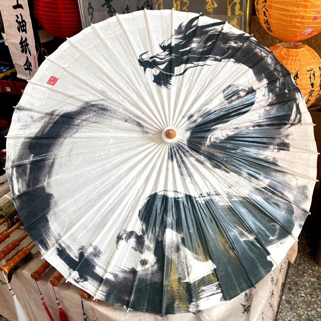 Open SHENGHE oil-paper umbrella, 墨龙吟